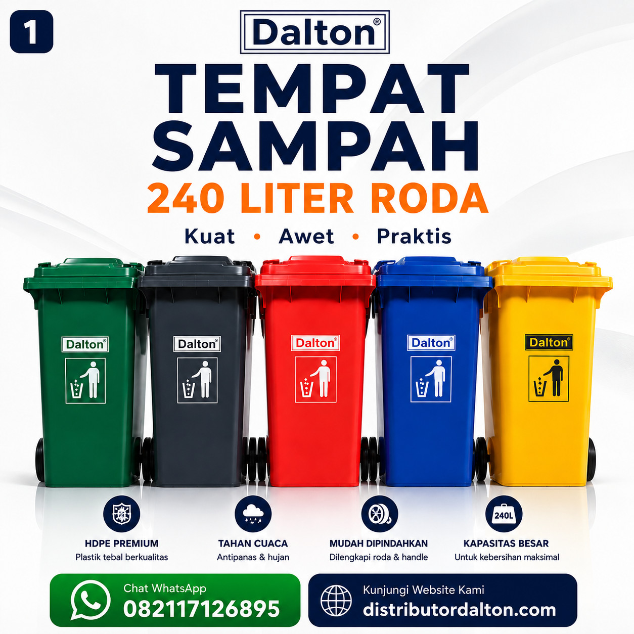 Tempat Sampah Dalton 240 Liter Roda Tempat Sampah Dalton 240 Liter Roda Warna Hijau Merah Biru Abu dan Kuning