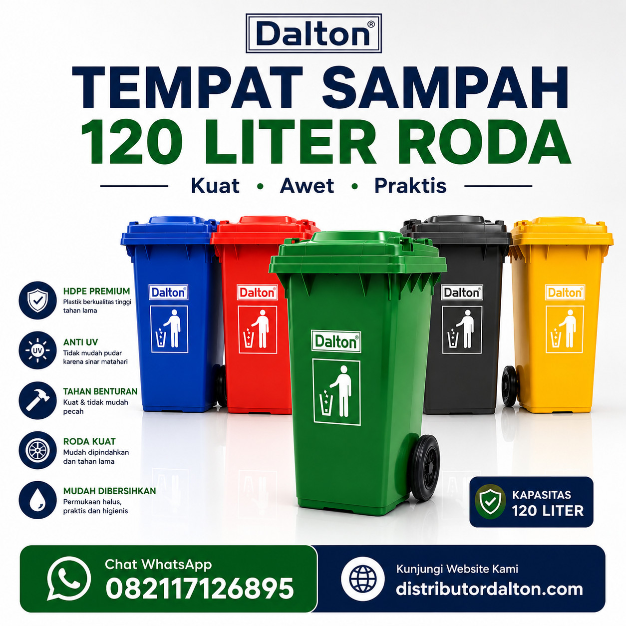 Tempat Sampah Dalton 120 Liter Roda Tempat Sampah Dalton 120 Liter Roda Warna Hijau Merah Biru Abu dan Kuning