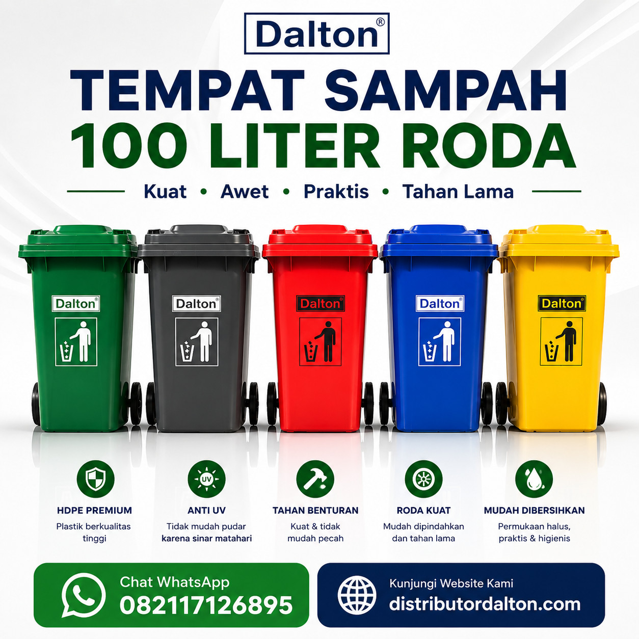 Tempat Sampah Dalton 100 Liter Roda Tempat Sampah Dalton 100 Liter Roda Warna Hijau Merah Biru Abu dan Kuning