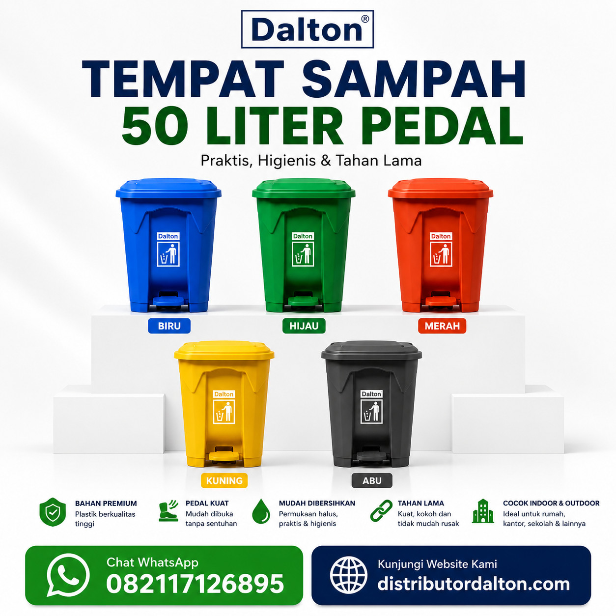 Tempat Sampah 50 Liter Pedal Injak Tempat Sampah 50 Liter Pedal Injak Dalton Warna Hijau Merah Biru Abu dan Kuning