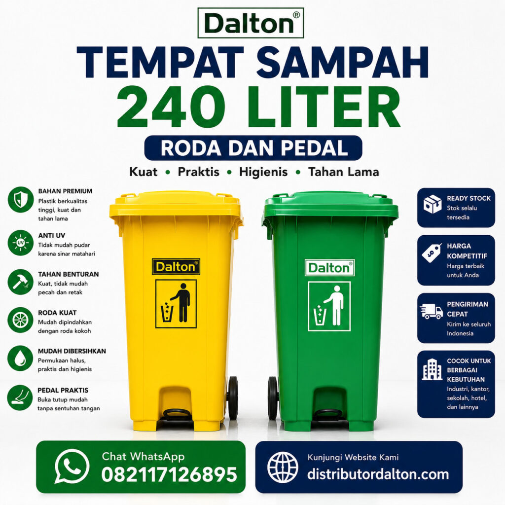 Tempat Sampah Dalton 240 Liter Roda dan Pedal Injak Warna Hijau dan Kuning