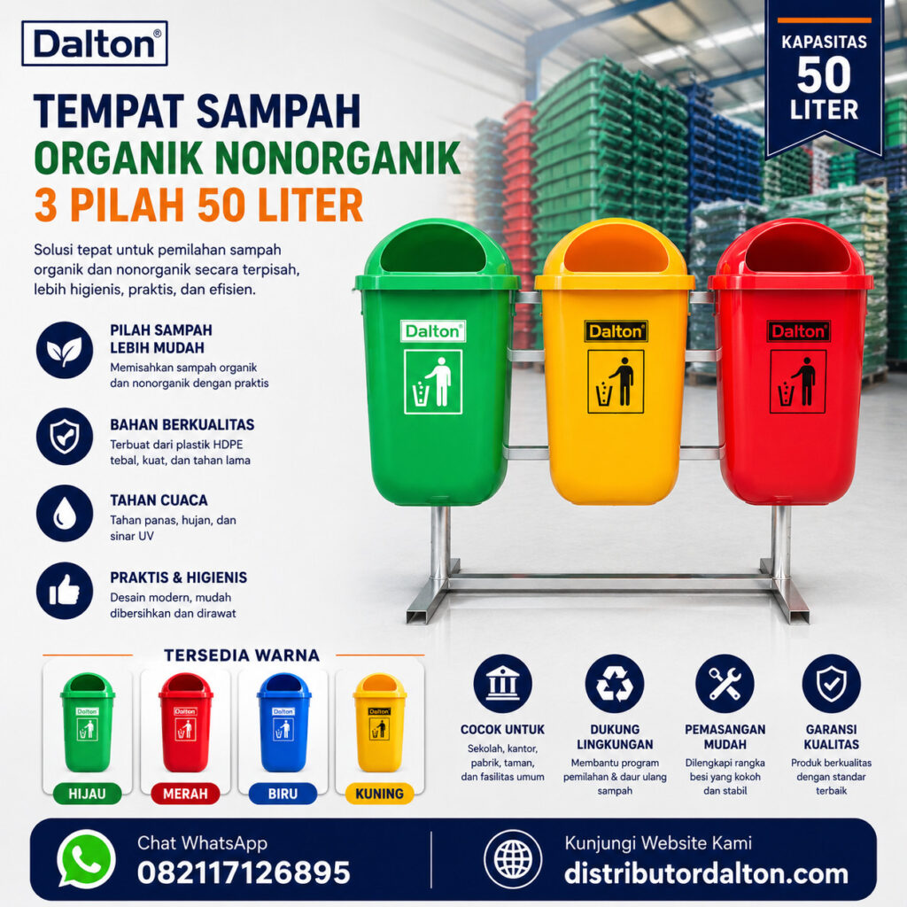 Tempat Sampah Tiga Pilah 50 Liter dengan Tiang Besi