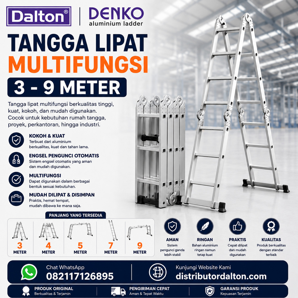 Tangga Lipat Multifungsi 3 - 9 Meter Tangga Lipat serbaguna Denko dan Dalton Aluminium