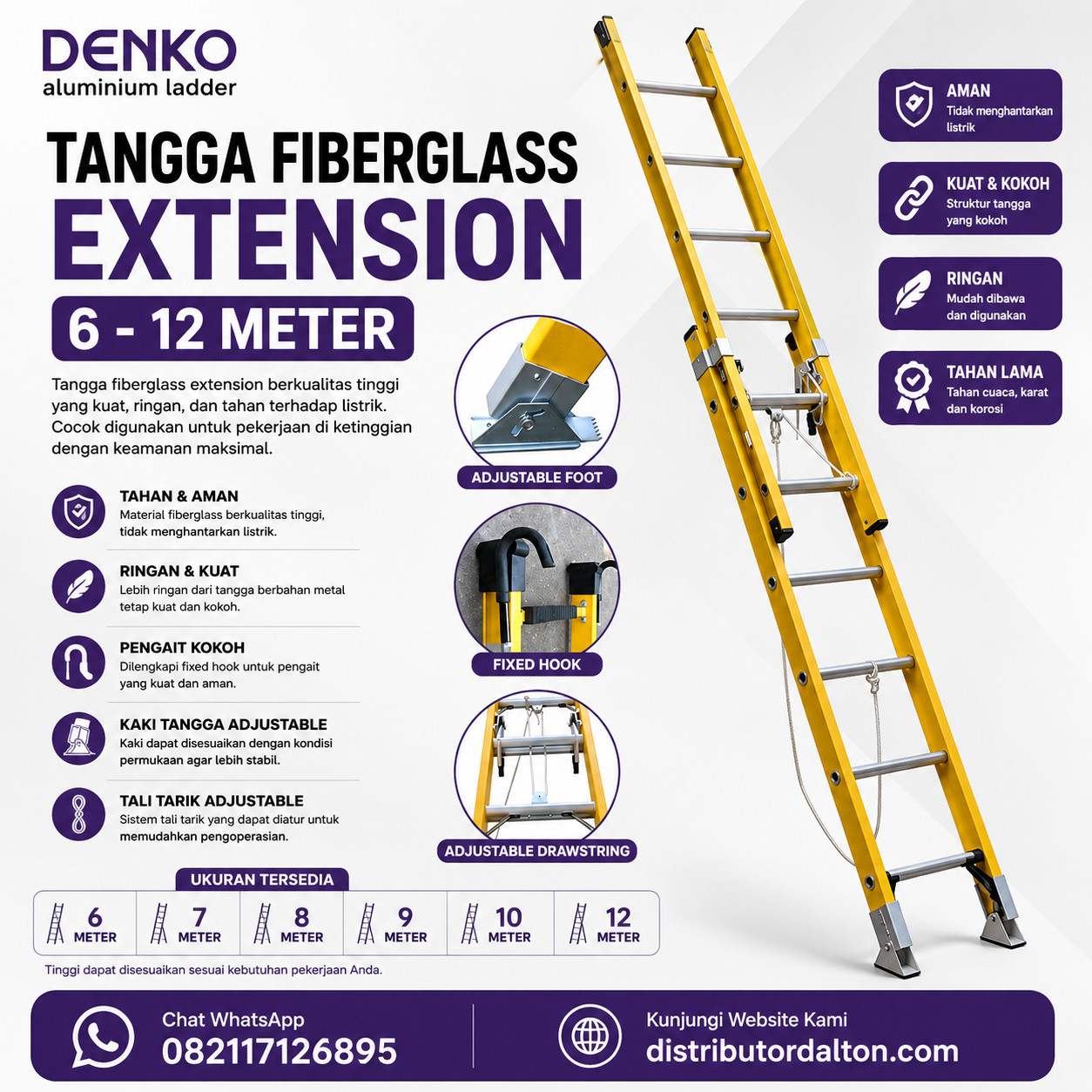 Tangga Fiberglass Denko 6 - 12 Meter Tangga Fiberglass Denko untuk Teknisi dan PLN