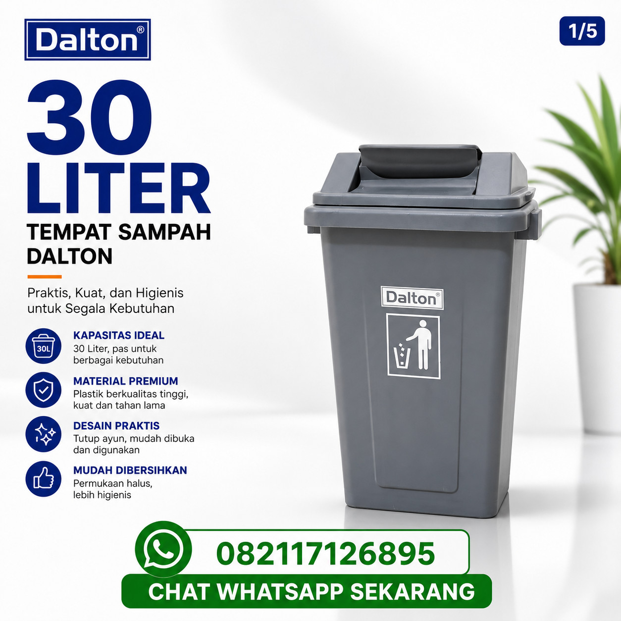 Tempat Sampah Dalton 30 Liter Plastik HDPE Tempat Sampah Dalton 30 Liter Plastik HDPE Warna Abu-Abu