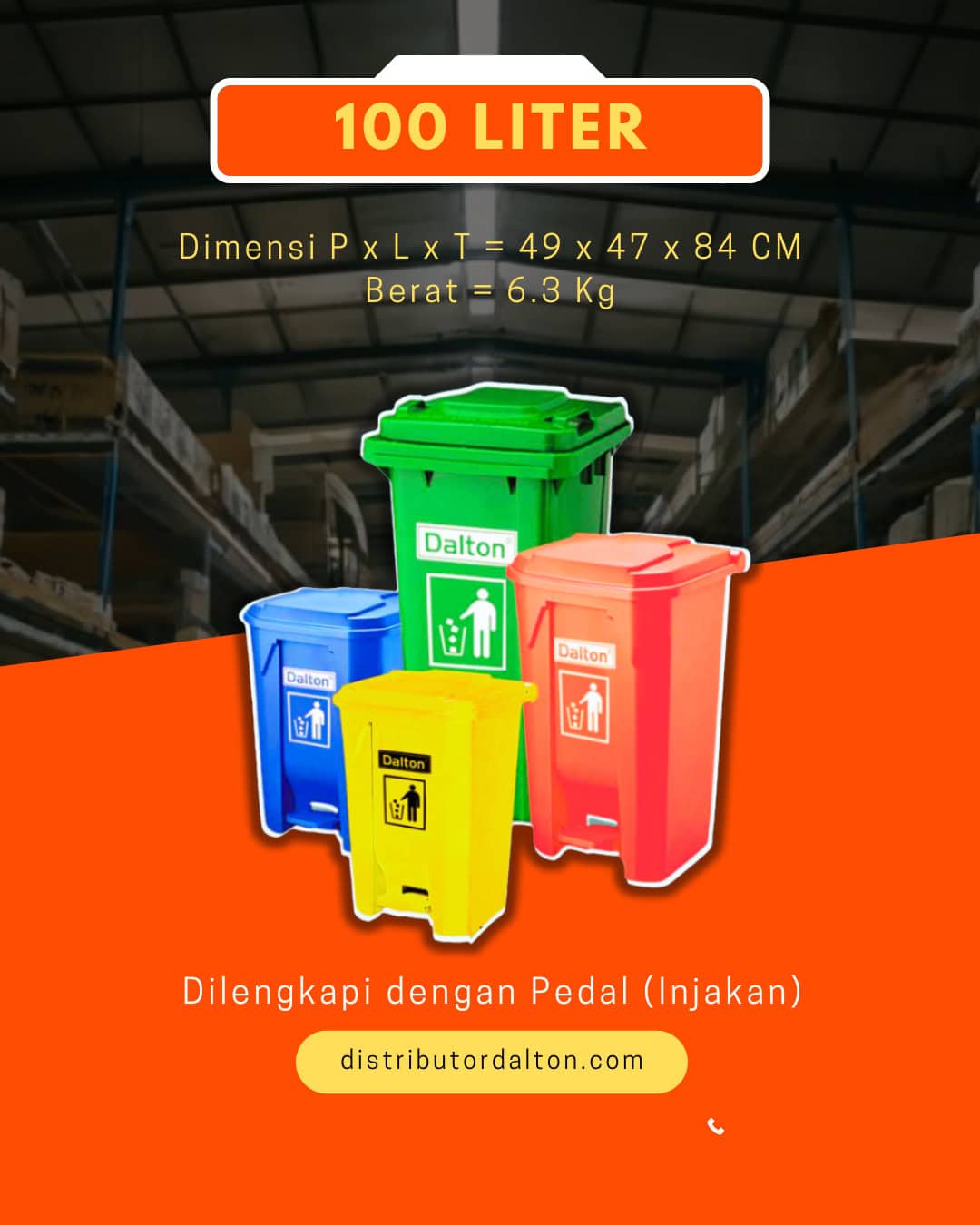 Tempat Sampah 100 Liter Pedal Injak Dalton Tempat Sampah Dalton 100 Liter Pedal Injak Warna Hijau Merah Biru Abu dan Kuning