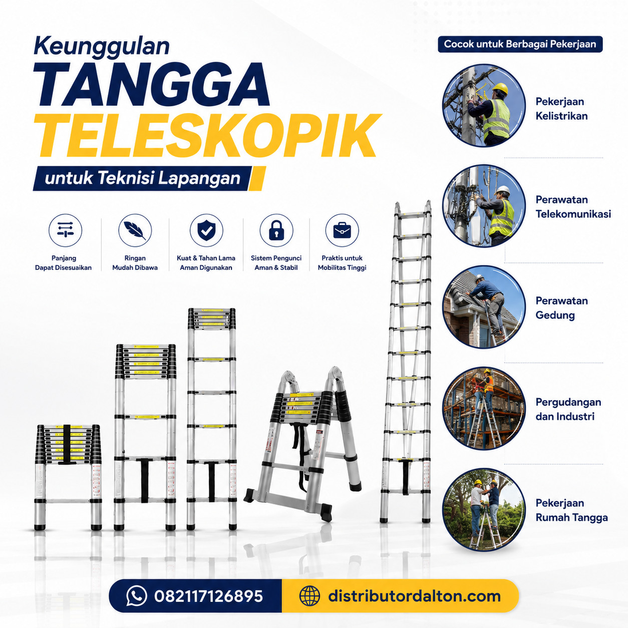 Keunggulan Tangga Teleskopik untuk Teknisi Lapangan Tangga teleskopik aluminium untuk teknisi lapangan yang praktis dan mudah dibawa